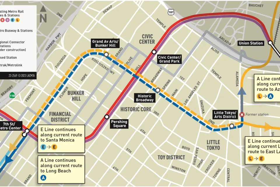 A map of the construction project to build two new rail transit routes through Downtown Los Angeles.